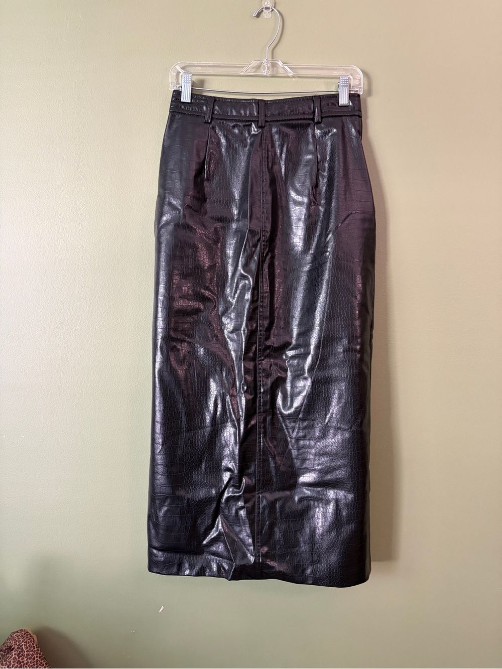 Zara Black Crocodile Faux Leather Midi Skirt Front Slit Sz M - Picture 8 of 9